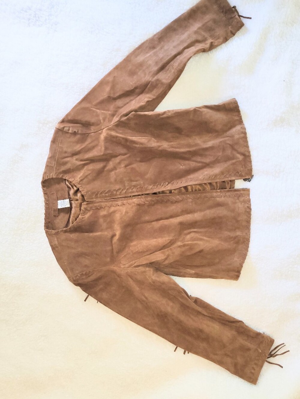 Chico's Brown Fringe Leather Jacket Genuine Suede Fitted Jacket Size 2 - Picture 15 of 16